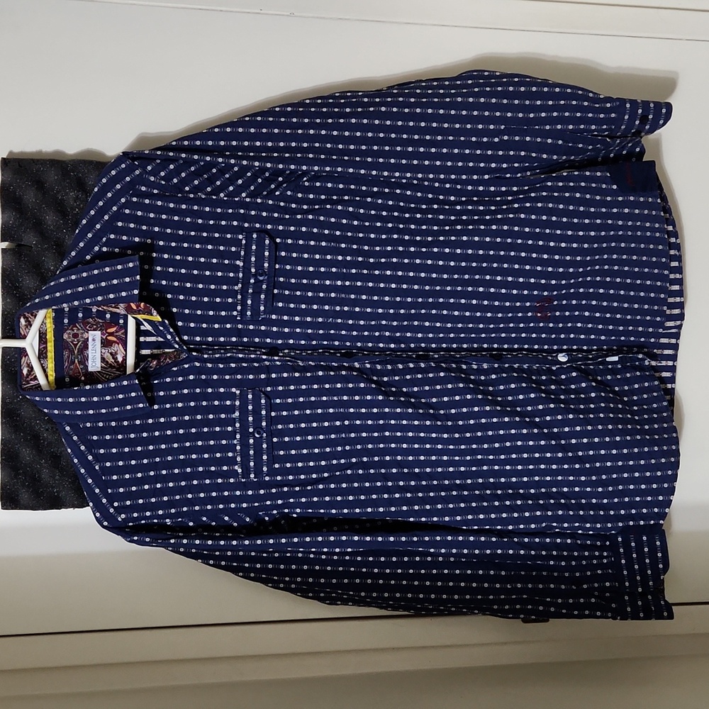 John Lennon Navy Blue Button Down Long Sleeve Floral Print Dress Shirt